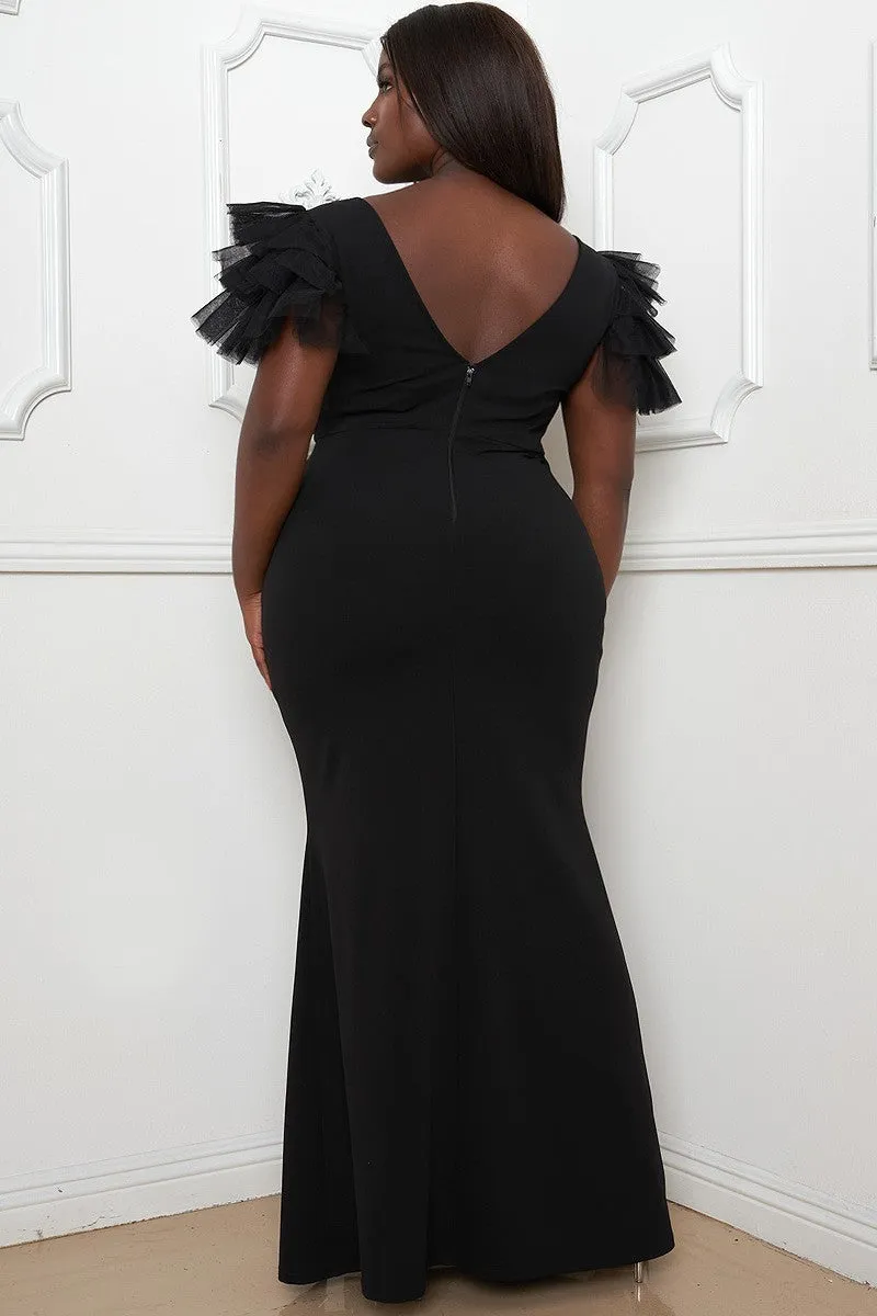 Mesh Tulle Shoulder Voluptuous ( ) Plus Size Maxi Dress - 3 colors