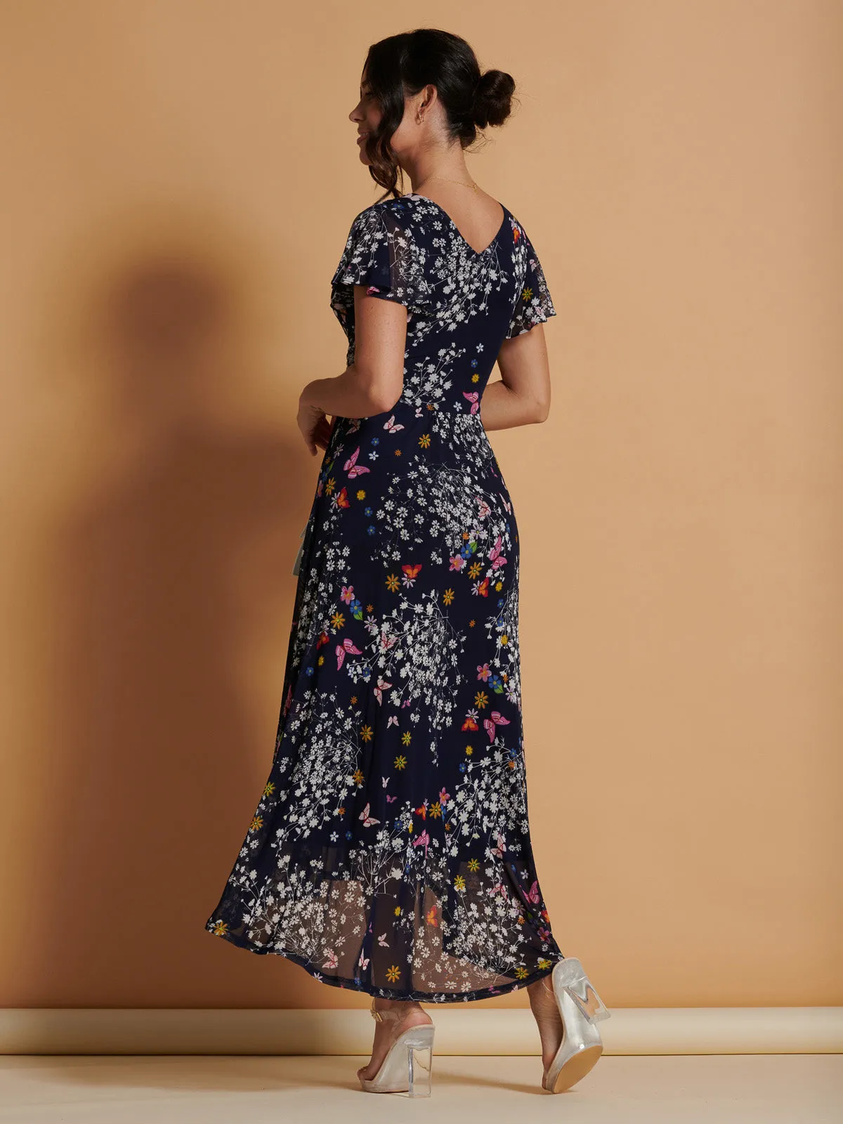 Mesh V-Neck Maxi Dress, Navy Multi