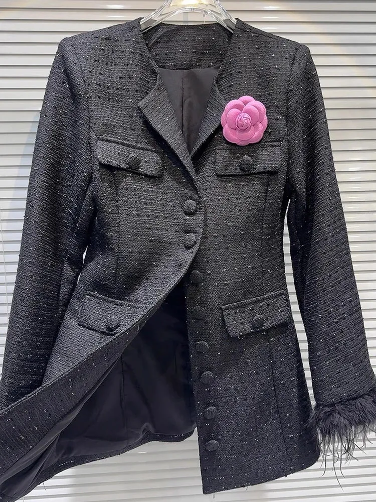 Metaversmall Elegant Spliced Brooch Coats For Women Lapel Long Sleeve Patchwork Single Breasted Temperament Coat Female Fashion