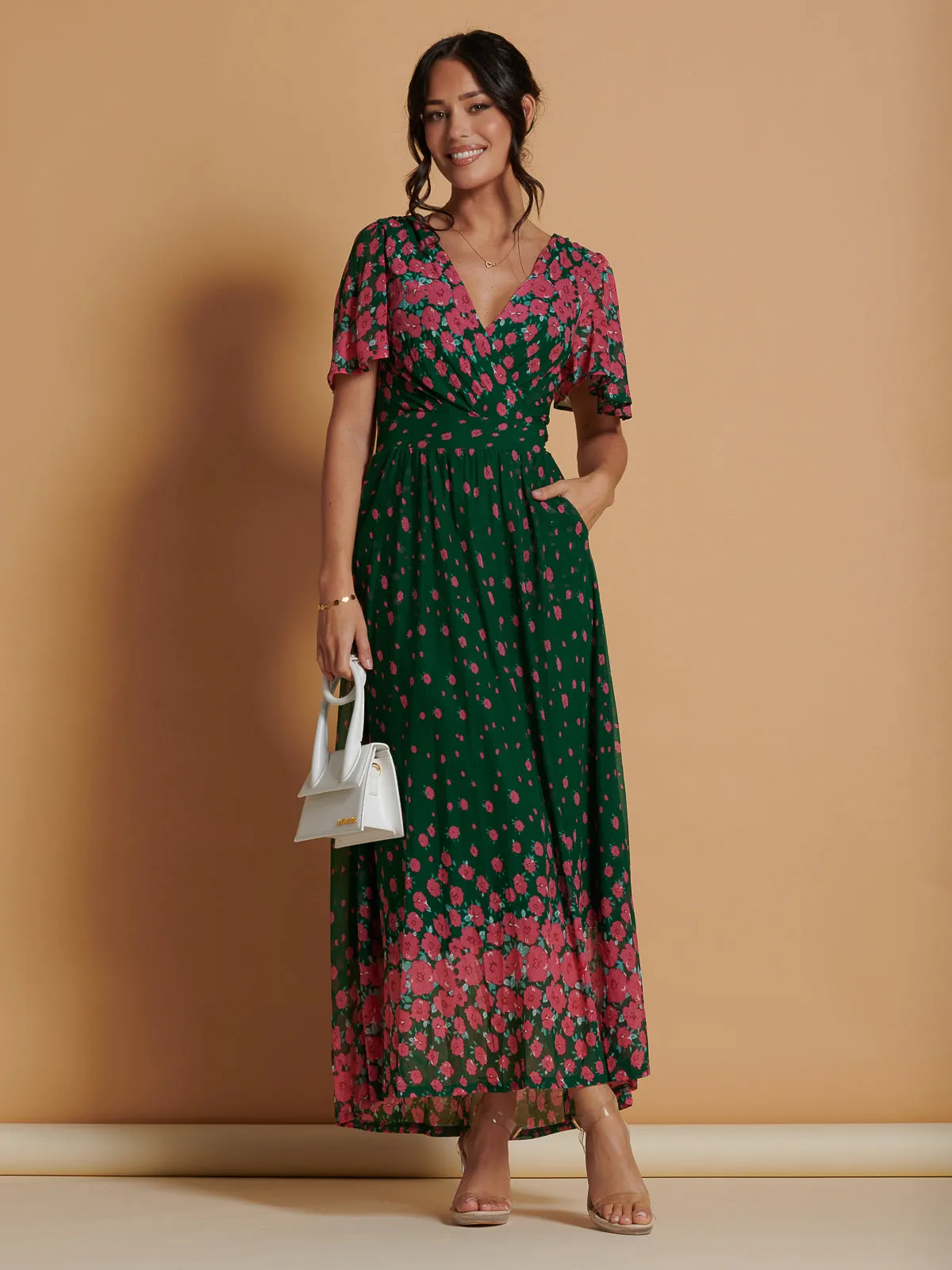 Mirrored Mesh Angel Sleeve Maxi Dress, Green Floral