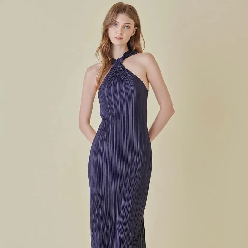 Navy Plisse Twist Front Maxi