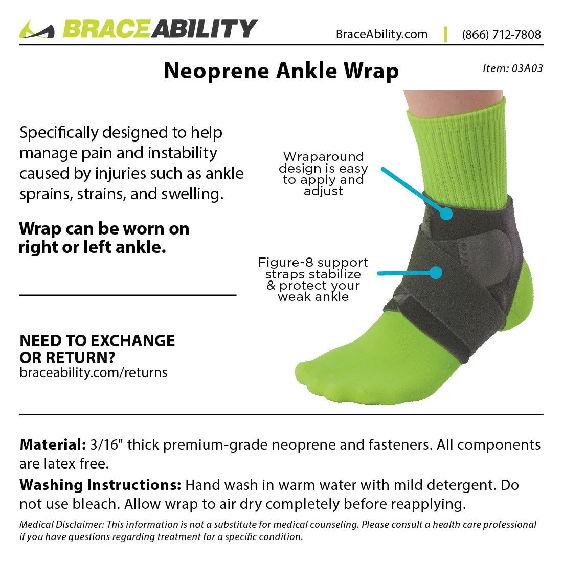 Neoprene Water-Resistant Ankle Brace Wrap for Swimming, Athletic Support and Sprains