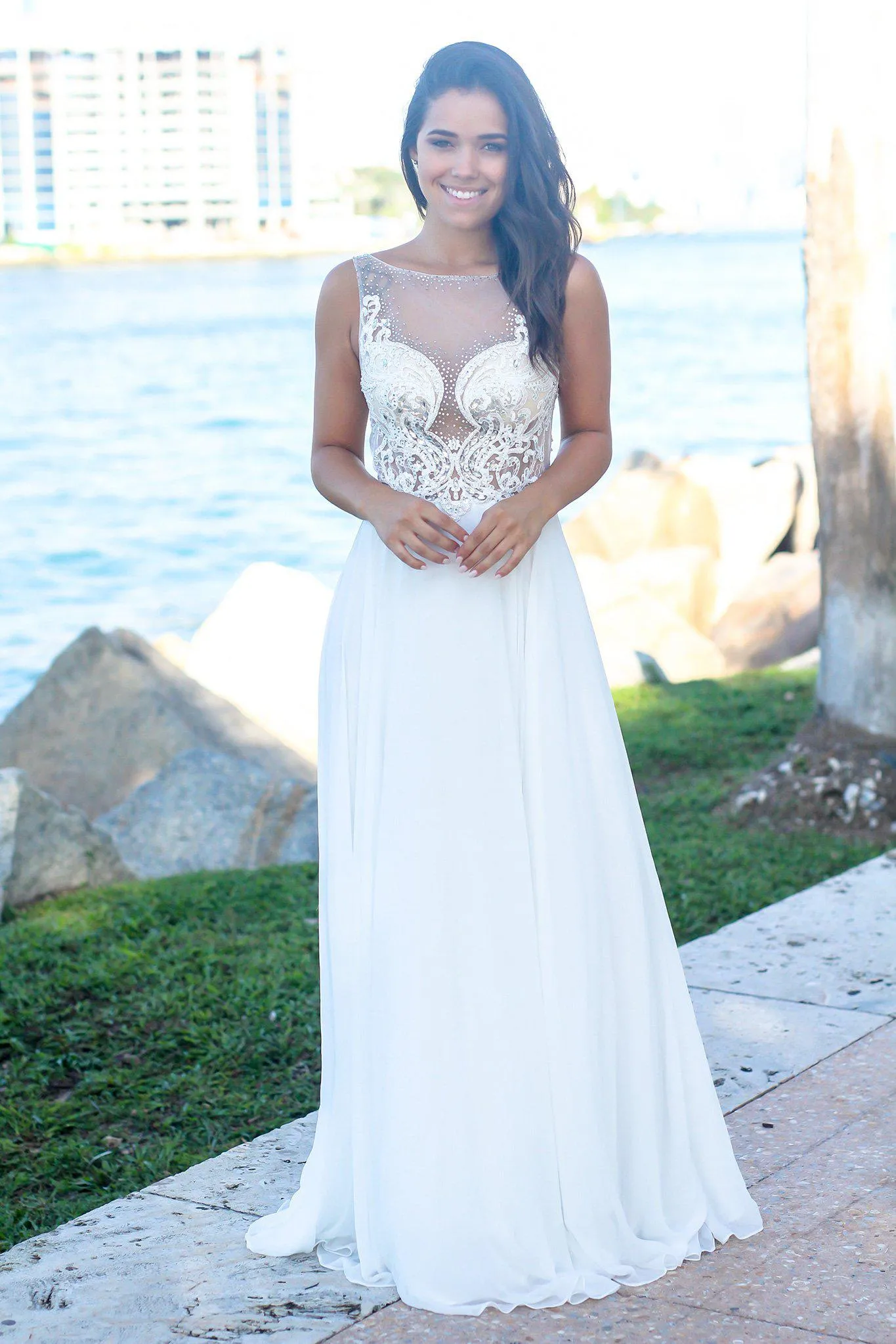 Off White Maxi Dress with Jeweled Top