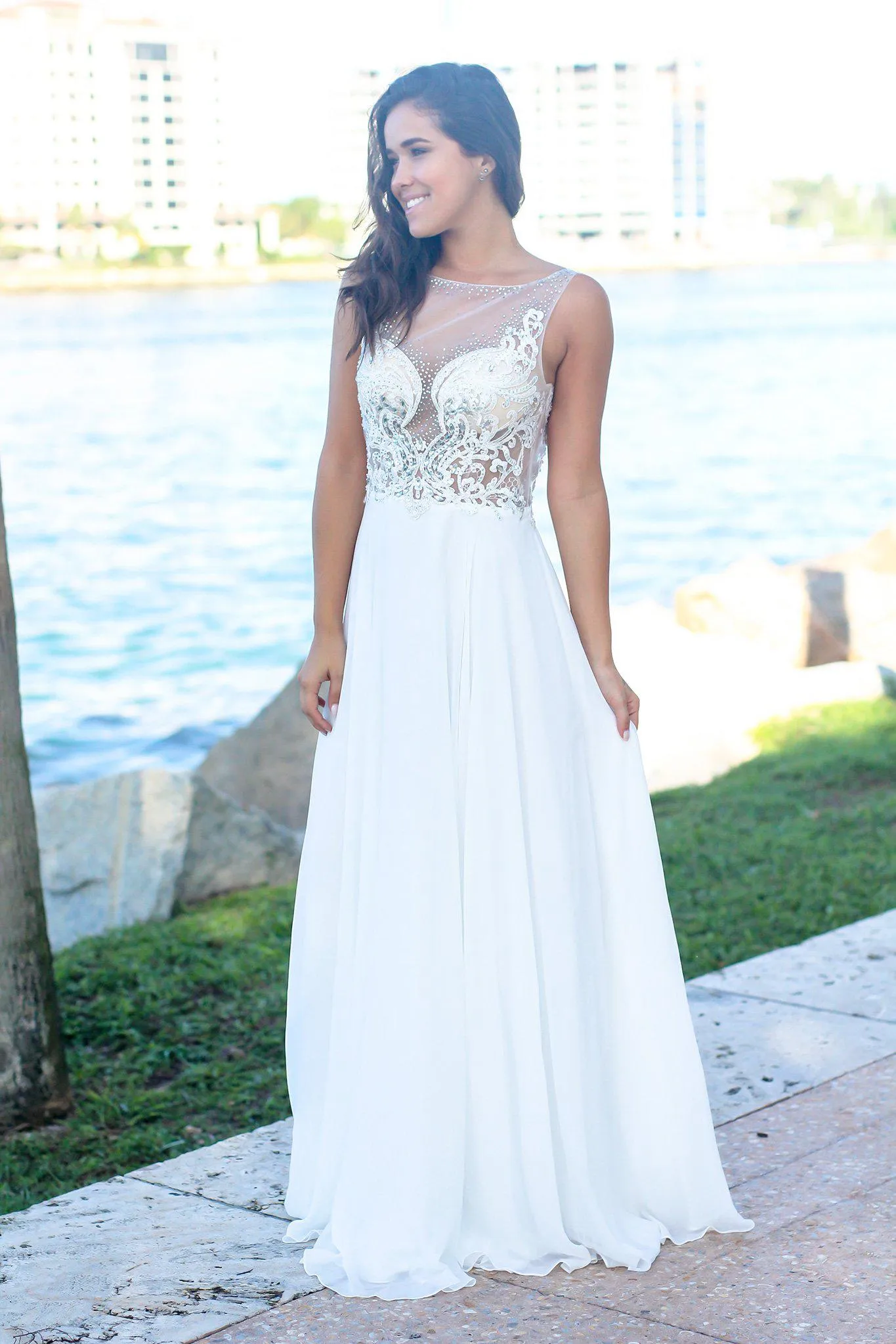 Off White Maxi Dress with Jeweled Top