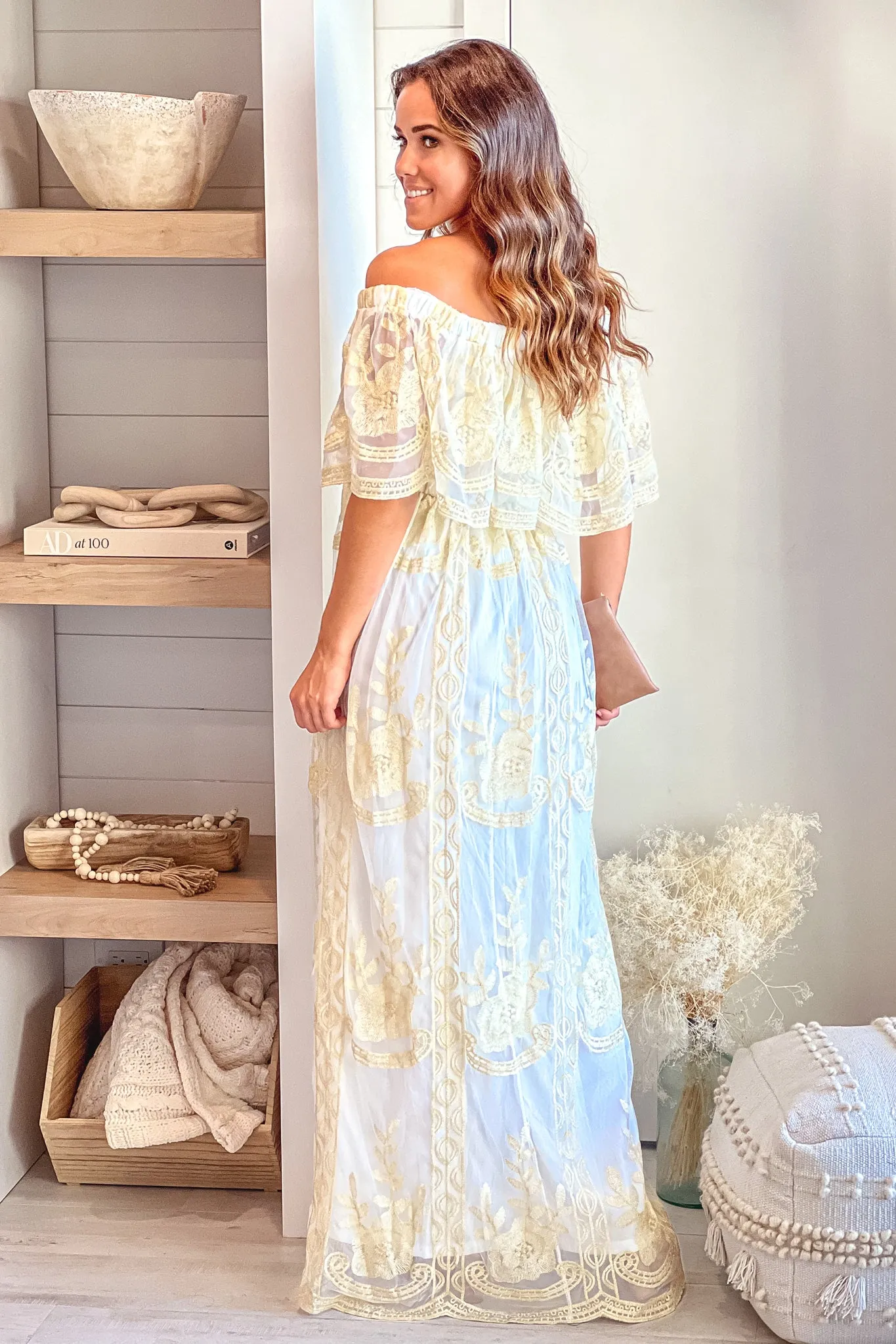 Off White Off Shoulder Maxi Dress With Mesh Gold Lace