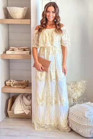 Off White Off Shoulder Maxi Dress With Mesh Gold Lace