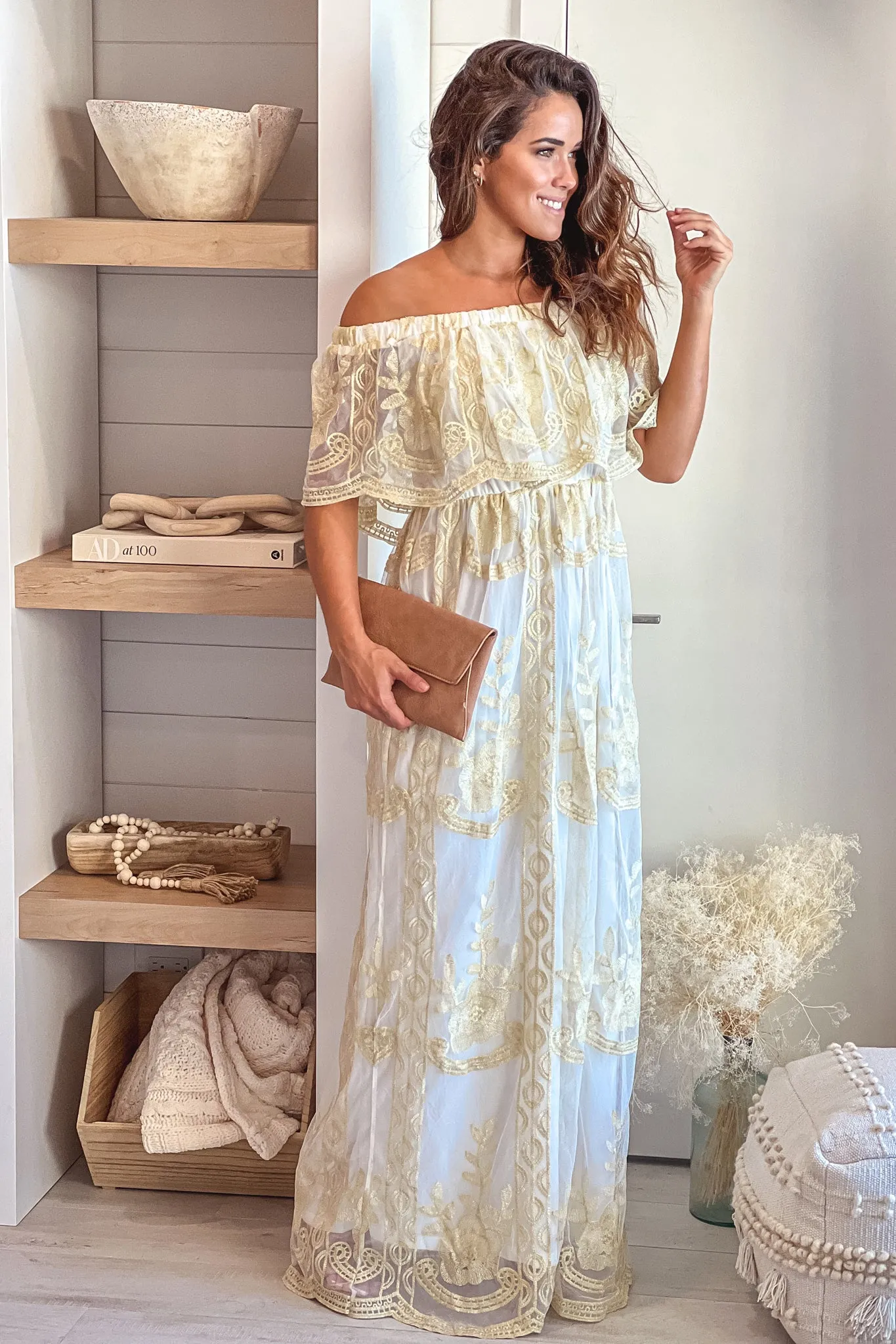 Off White Off Shoulder Maxi Dress With Mesh Gold Lace