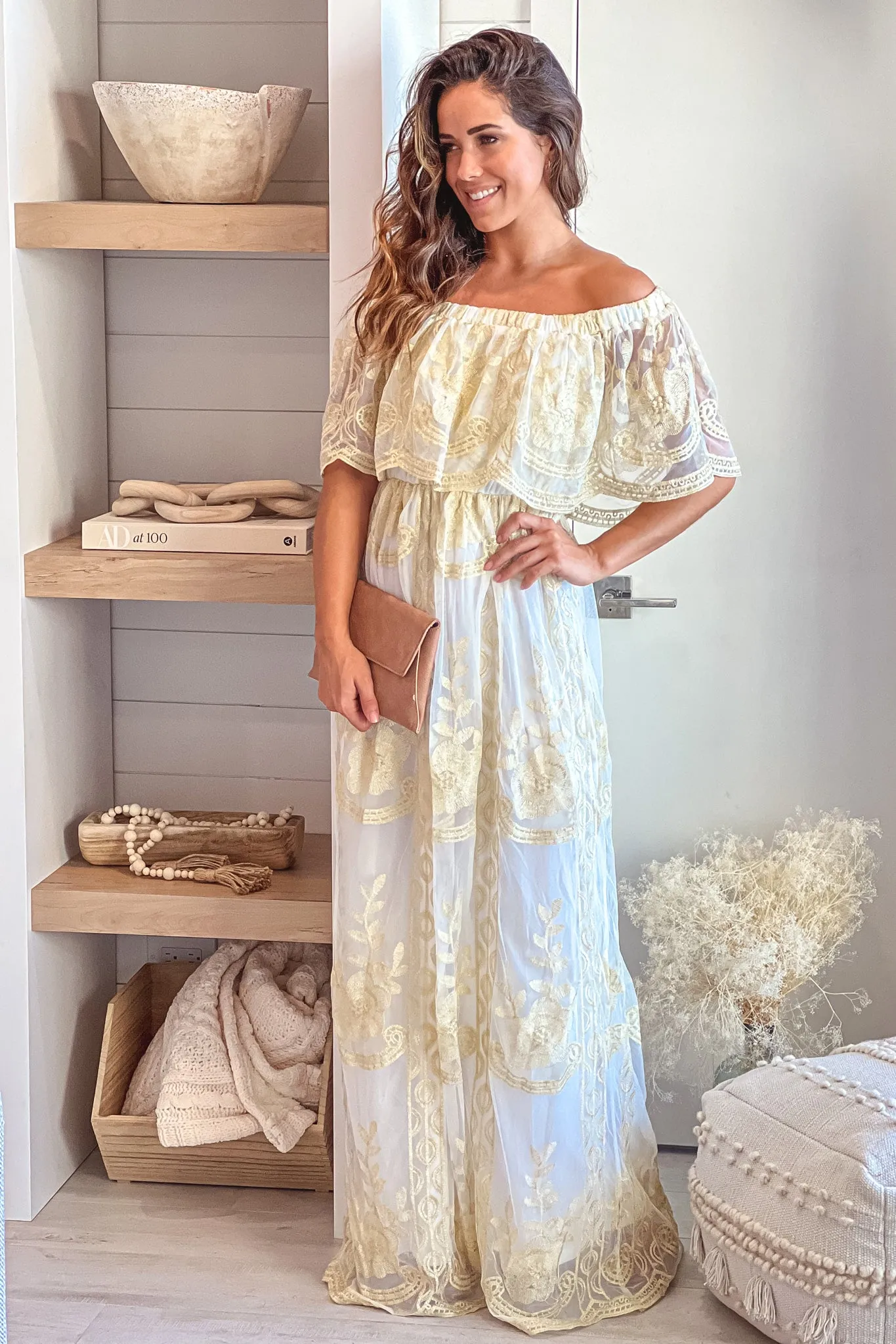 Off White Off Shoulder Maxi Dress With Mesh Gold Lace