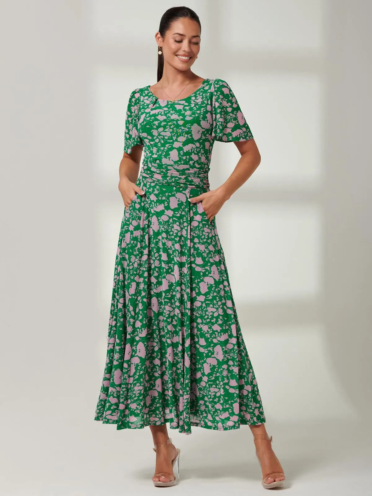 Paityn Angel Sleeve Mesh Maxi Dress, Green Floral