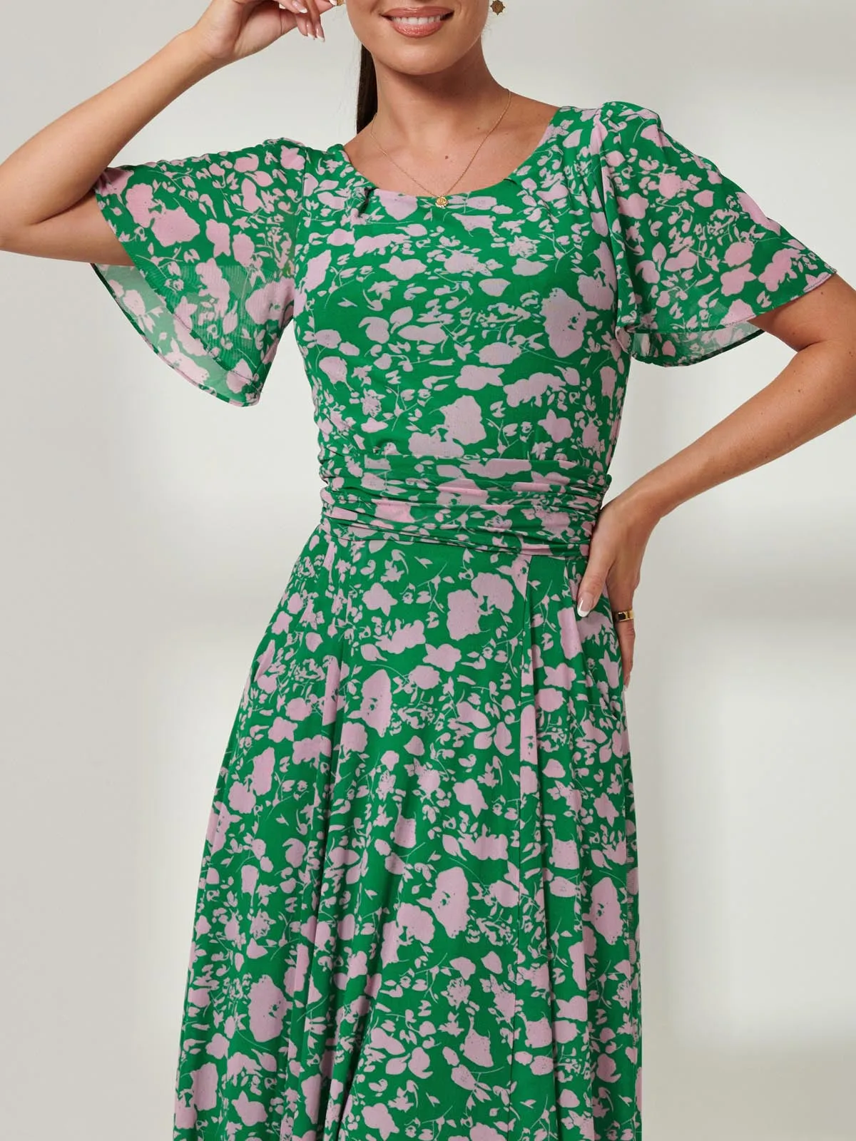 Paityn Angel Sleeve Mesh Maxi Dress, Green Floral