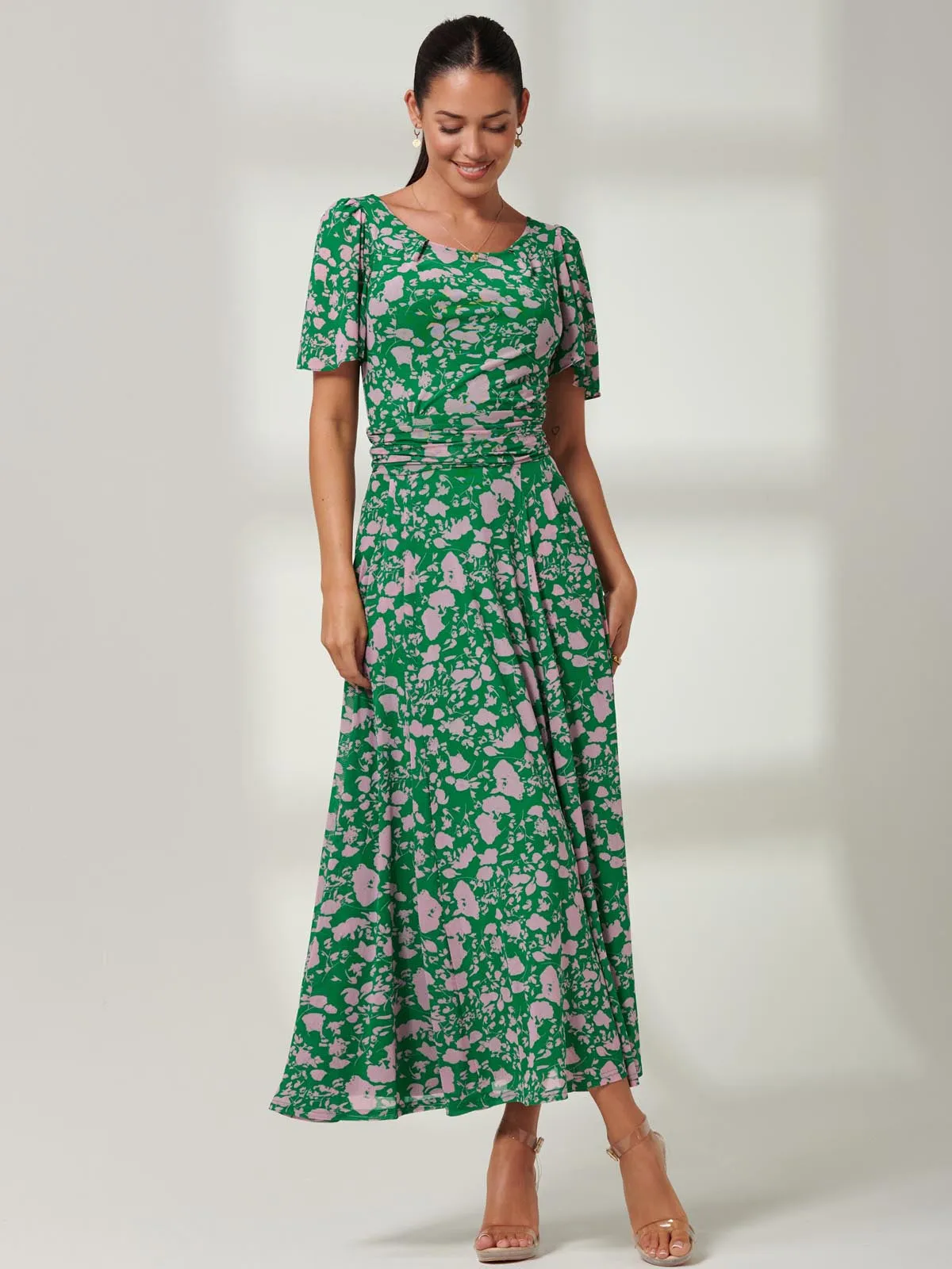 Paityn Angel Sleeve Mesh Maxi Dress, Green Floral