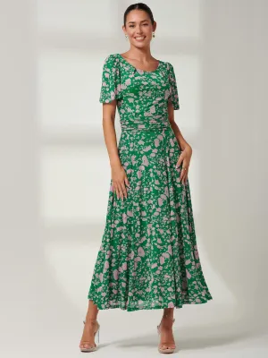 Paityn Angel Sleeve Mesh Maxi Dress, Green Floral