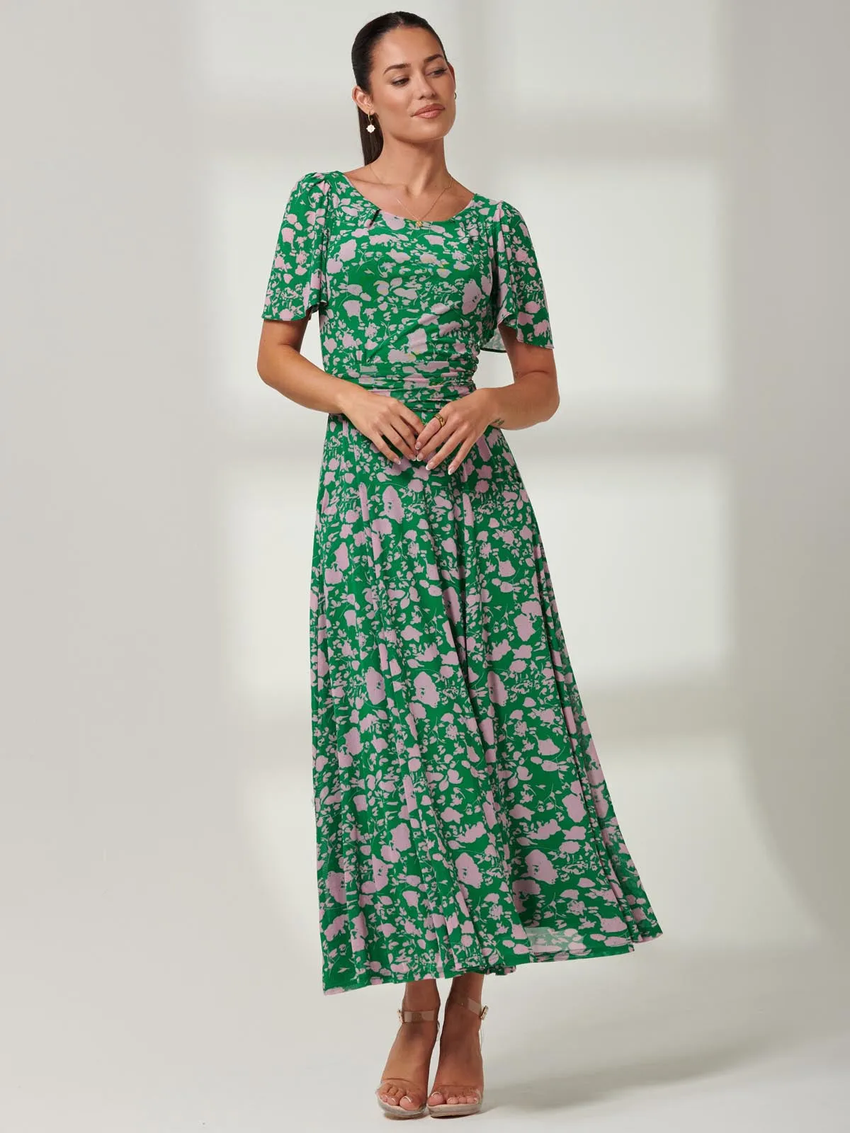 Paityn Angel Sleeve Mesh Maxi Dress, Green Floral