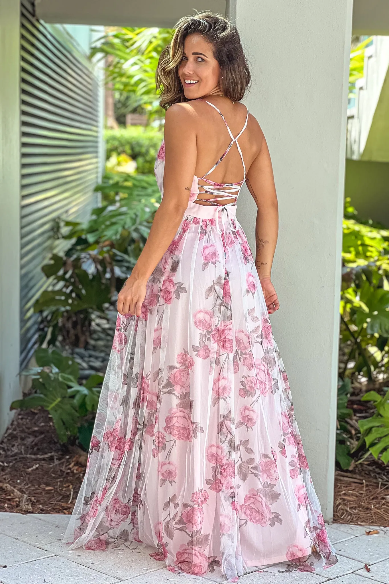 Pink Mesh Floral V-Neck Maxi Dress