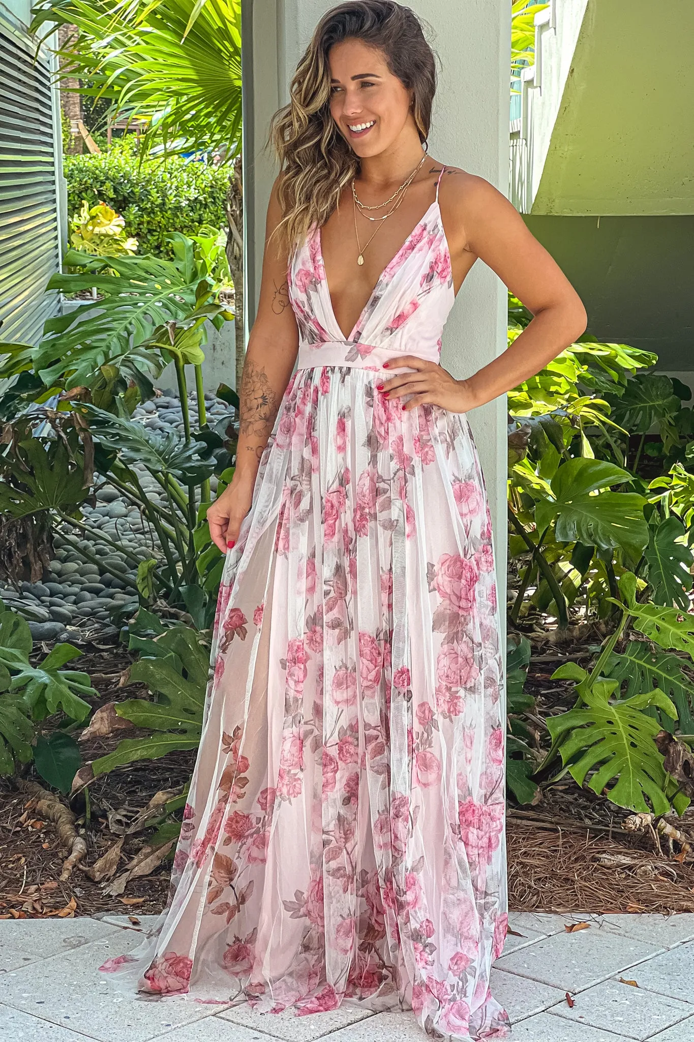 Pink Mesh Floral V-Neck Maxi Dress