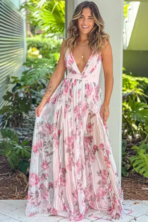 Pink Mesh Floral V-Neck Maxi Dress