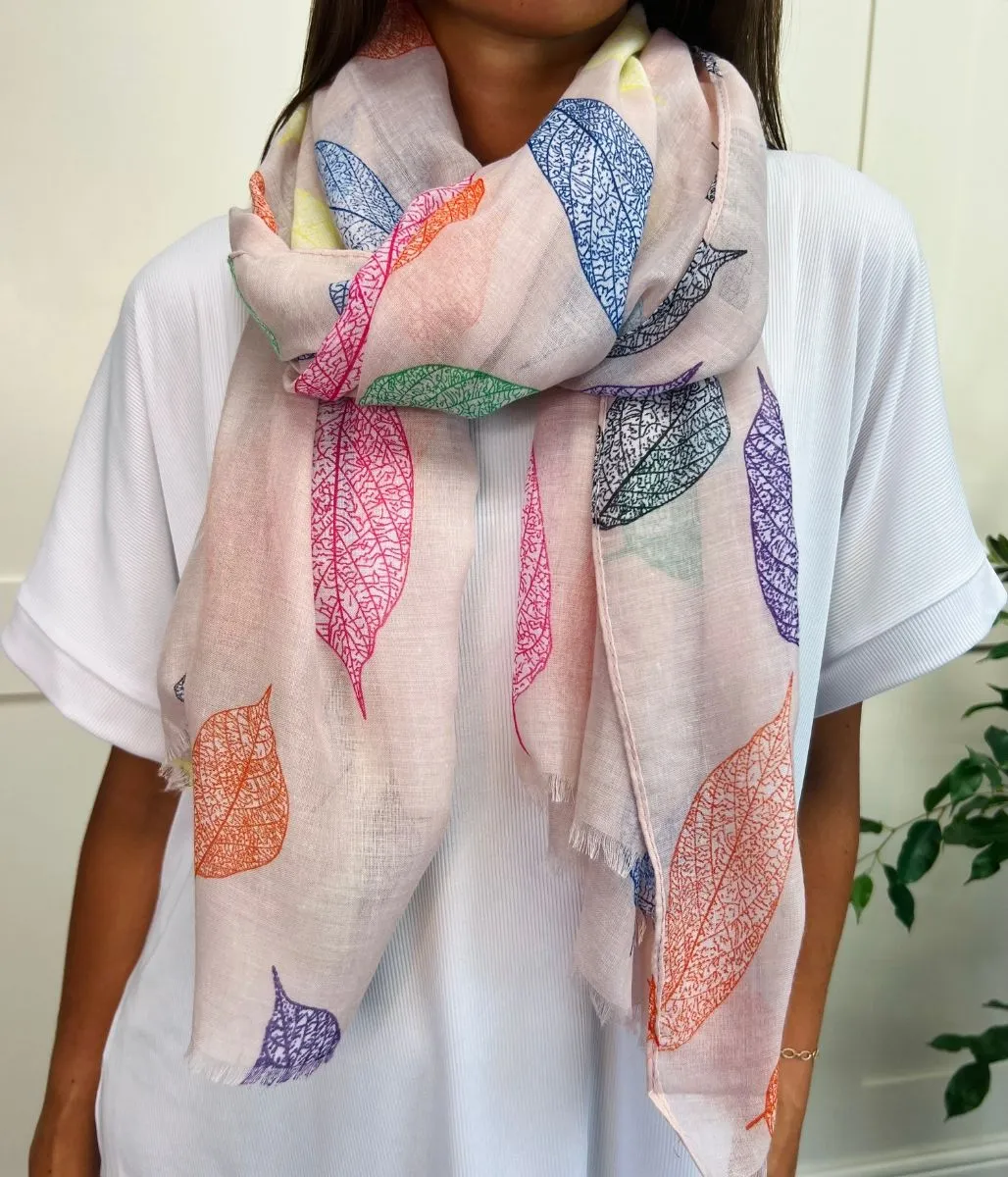 Pink Multi Leaf Print Scarf