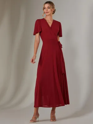 Plain Angel Sleeve Wrapped Maxi Dress, Brick Red