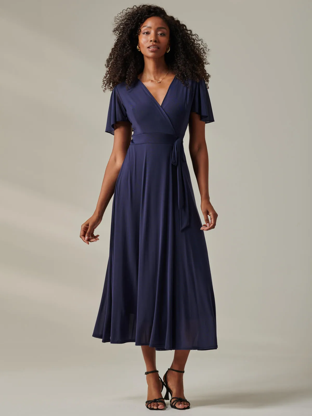 Plain Angel Sleeve Wrapped Maxi Dress, Navy