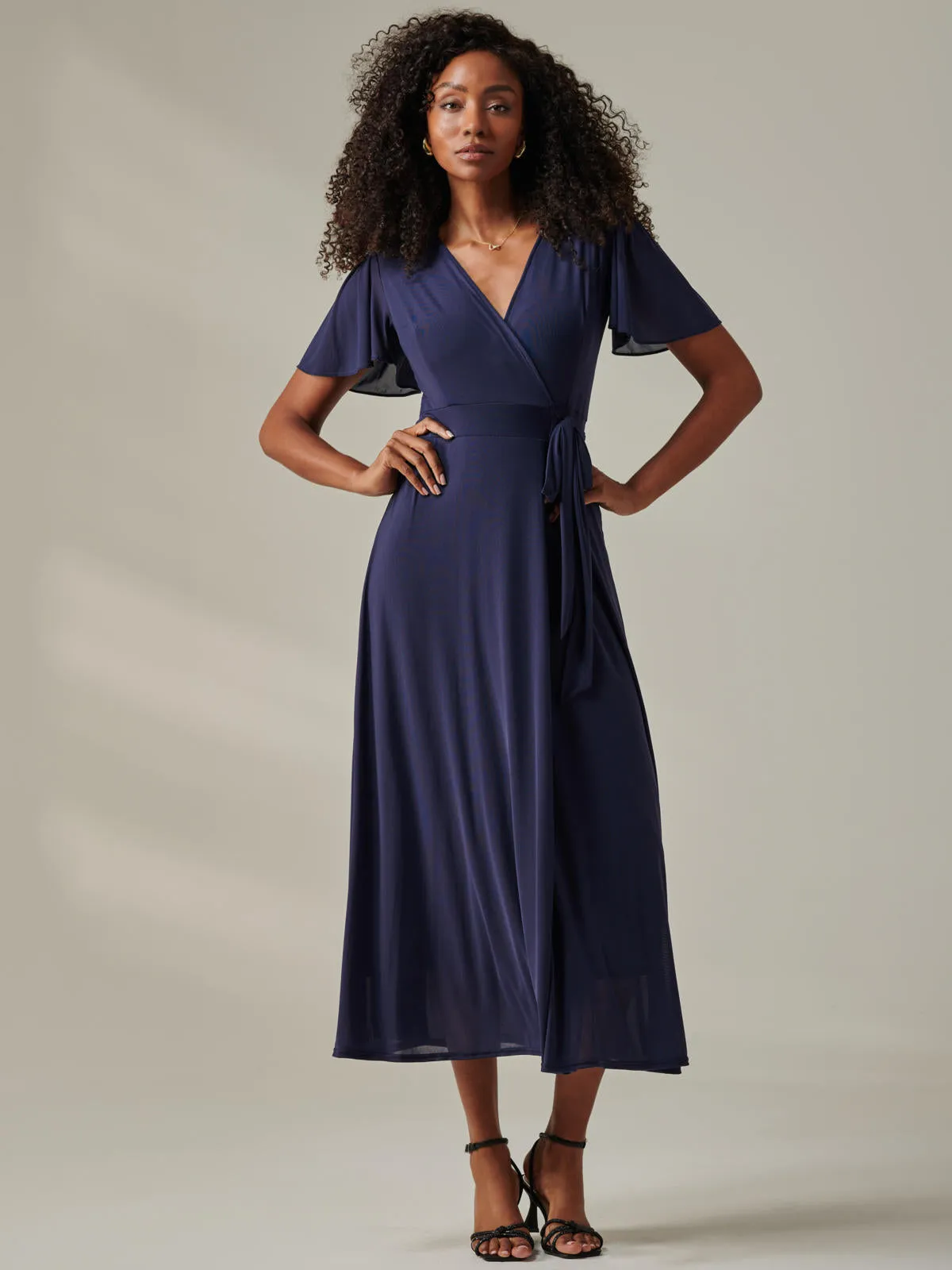 Plain Angel Sleeve Wrapped Maxi Dress, Navy