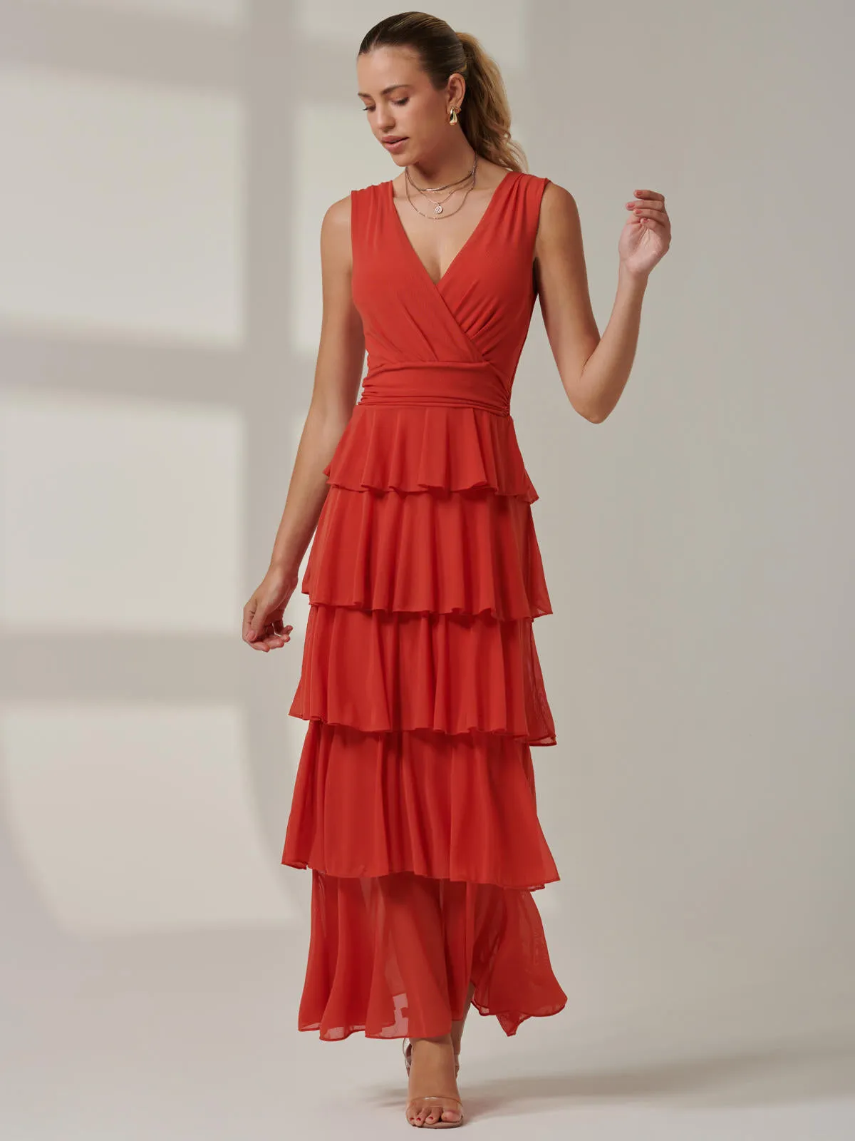 Plain Tiered Mesh Maxi Dress, Dark Orange