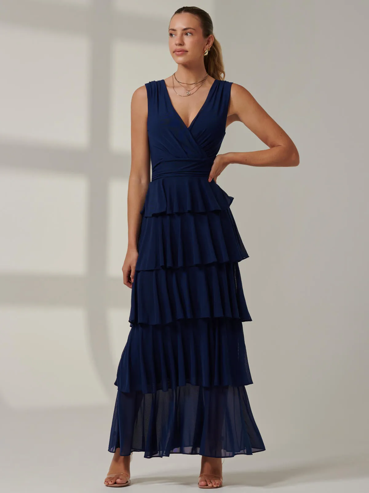 Plain Tiered Mesh Maxi Dress, Navy