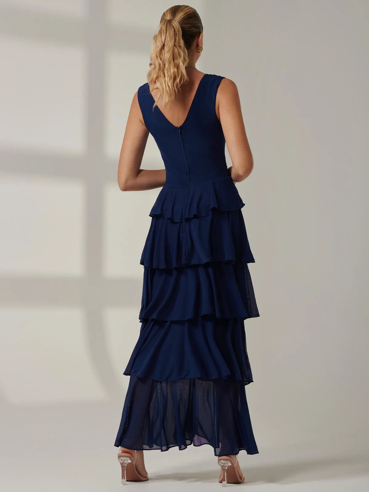 Plain Tiered Mesh Maxi Dress, Navy