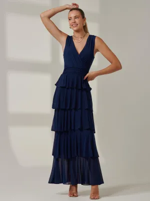 Plain Tiered Mesh Maxi Dress, Navy