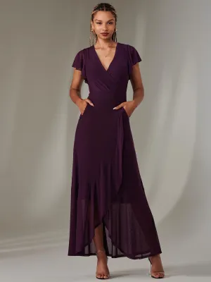 Plain Wrap Mesh Maxi Dress, Dark Purple