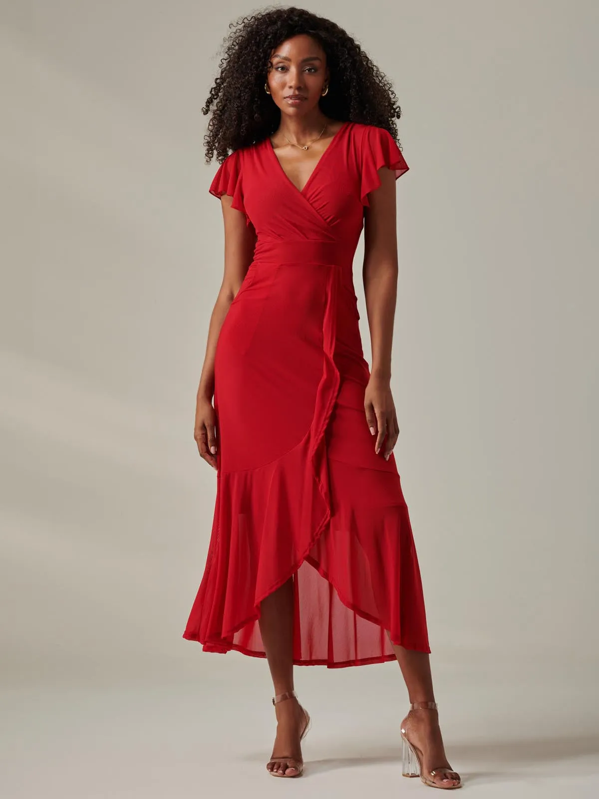 Plain Wrap Mesh Maxi Dress, Red