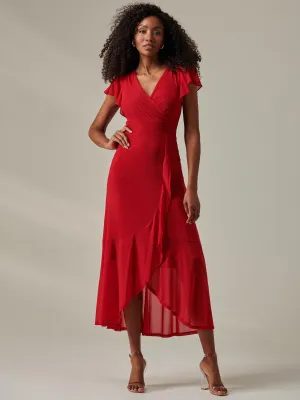 Plain Wrap Mesh Maxi Dress, Red