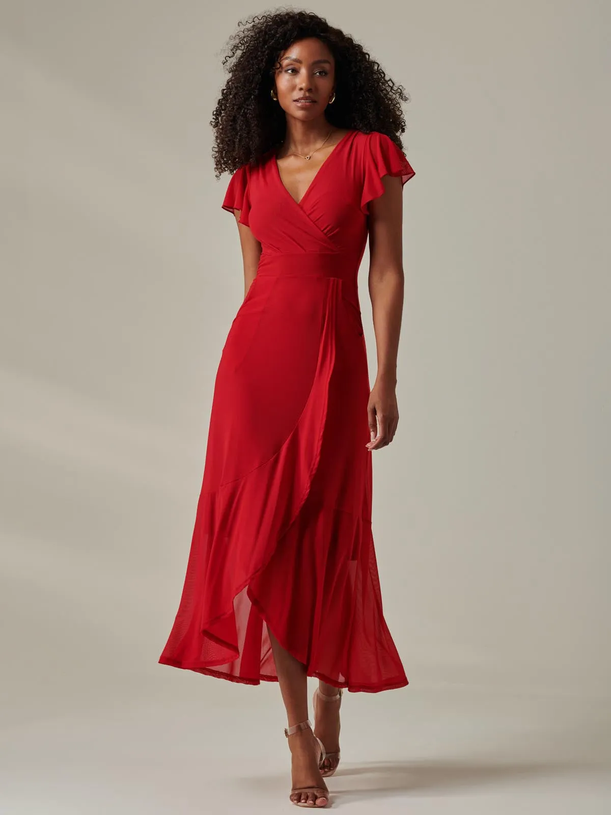 Plain Wrap Mesh Maxi Dress, Red