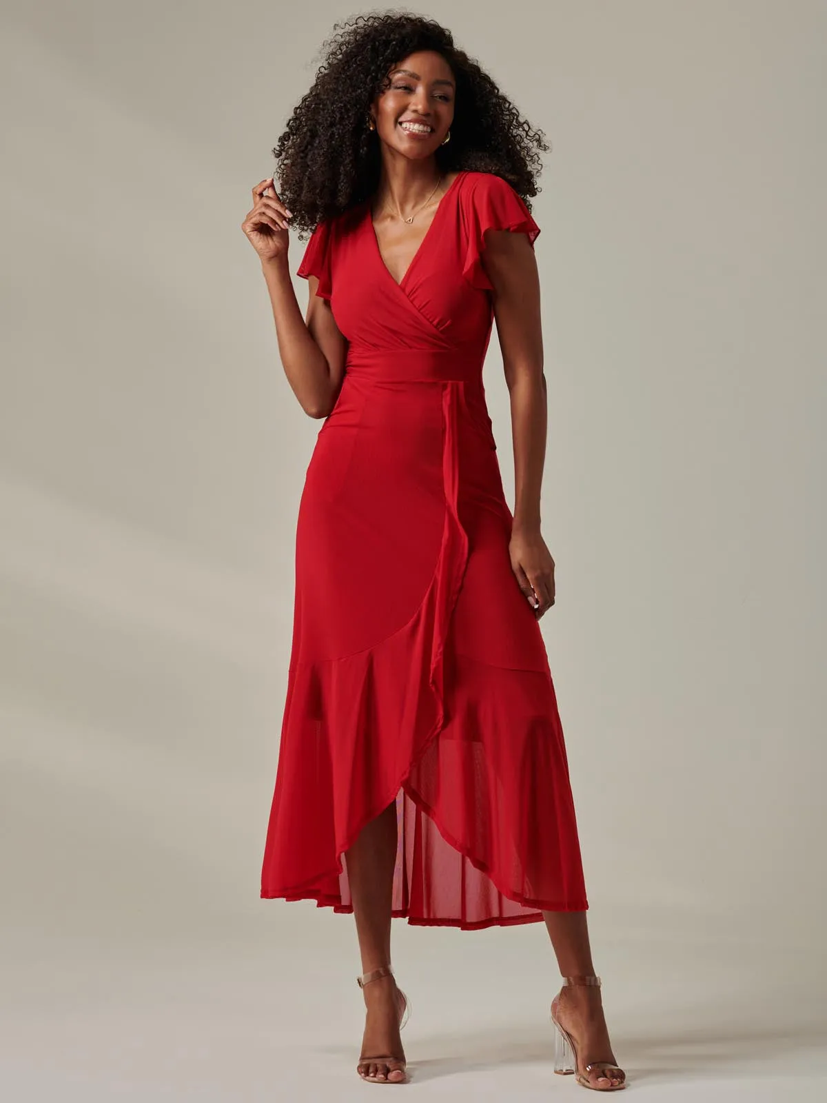 Plain Wrap Mesh Maxi Dress, Red