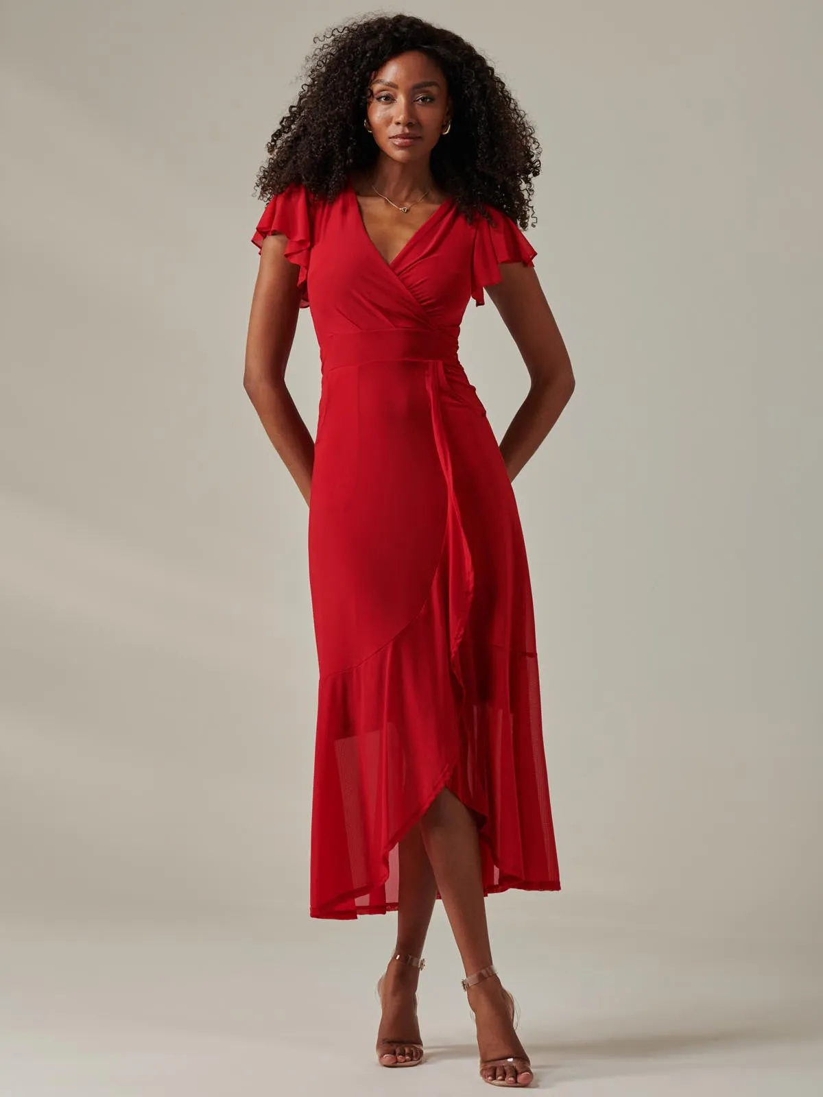 Plain Wrap Mesh Maxi Dress, Red