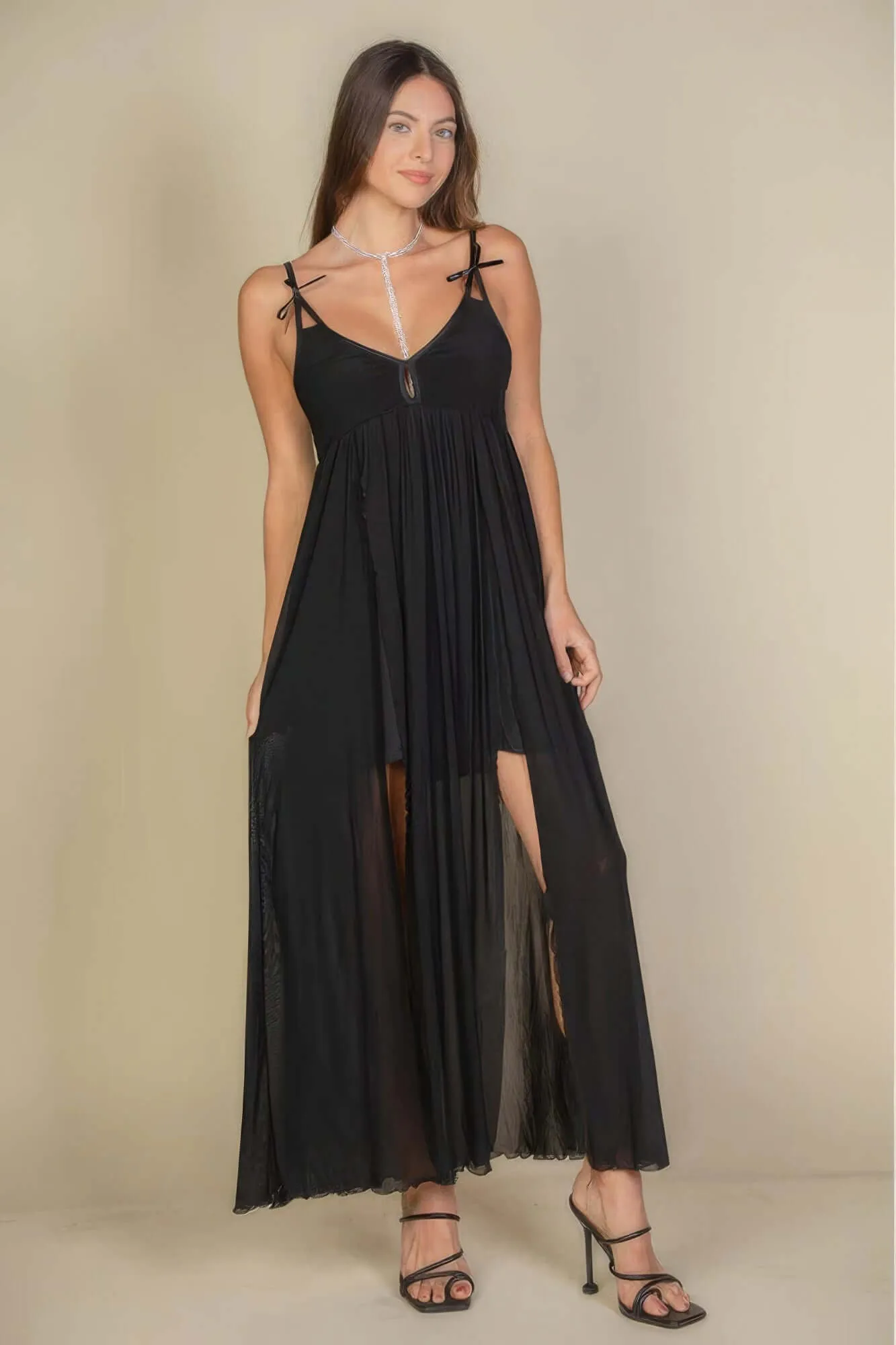 Plunge Neck Split Thigh Mesh Maxi Dress