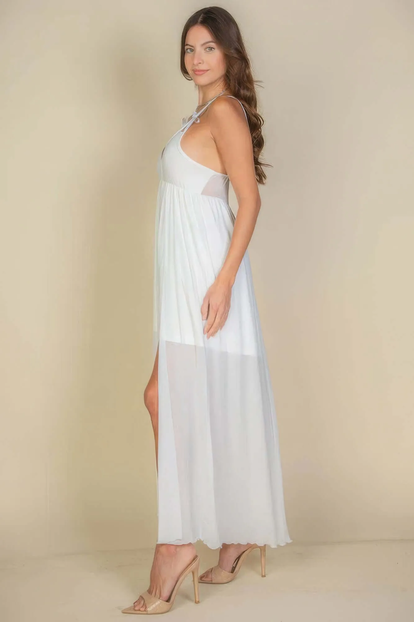 Plunge Neck Split Thigh Mesh Maxi Dress