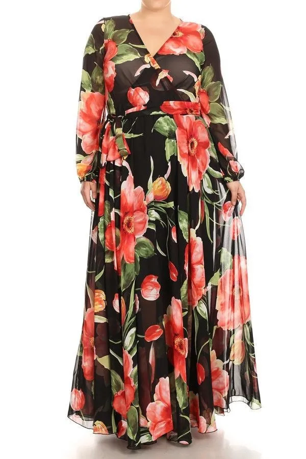 Plus Maxi Dress Floral Tulip Chiffon Sheer Wrap Print Long Sleeve Wrap Sweep