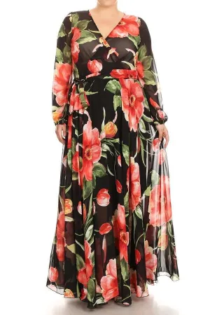 Plus Maxi Dress Floral Tulip Chiffon Sheer Wrap Print Long Sleeve Wrap Sweep