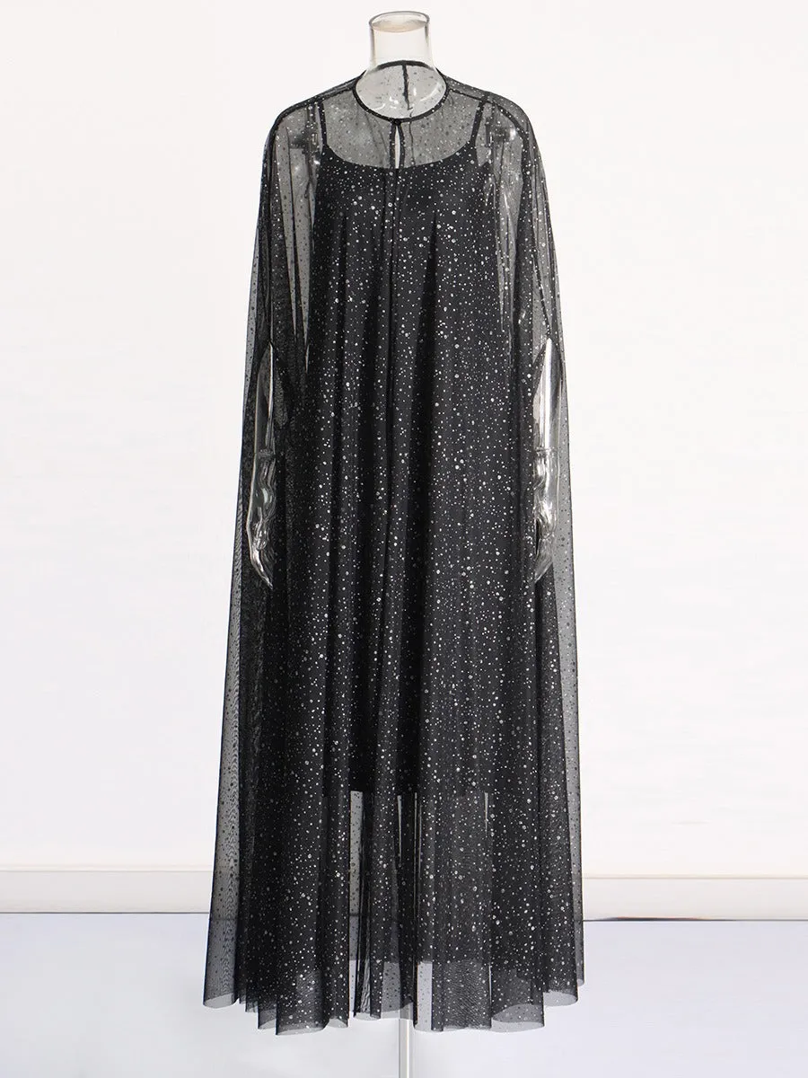 Pre Order:  Diamond Mesh Cloak   Black Satin Dress Set