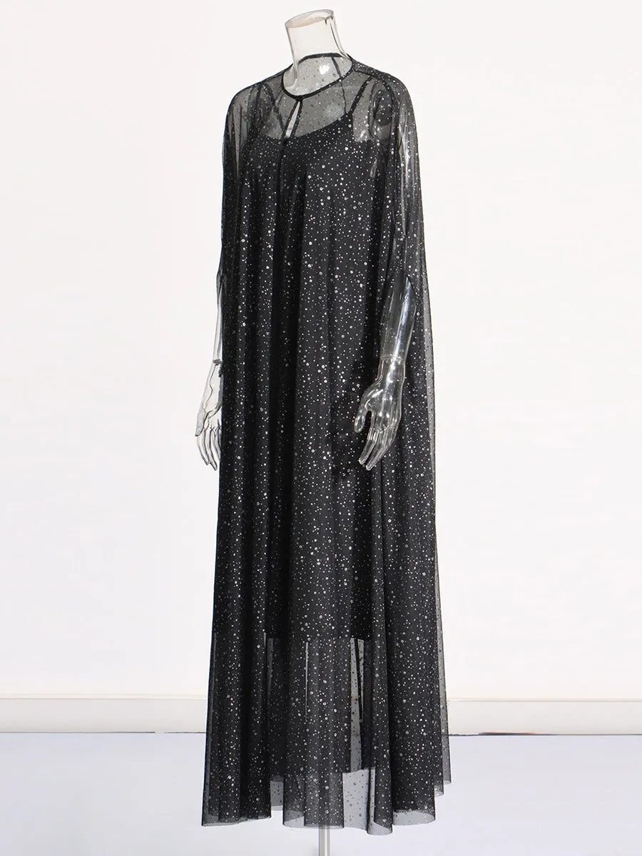 Pre Order:  Diamond Mesh Cloak   Black Satin Dress Set