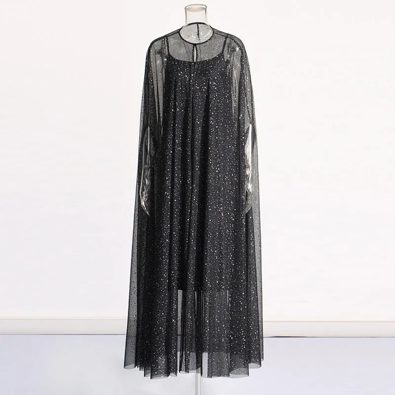 Pre Order:  Diamond Mesh Cloak   Black Satin Dress Set