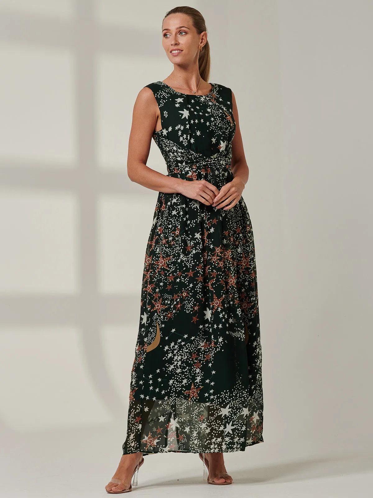 Printed Cross Belt Maxi Dress, Dark Green