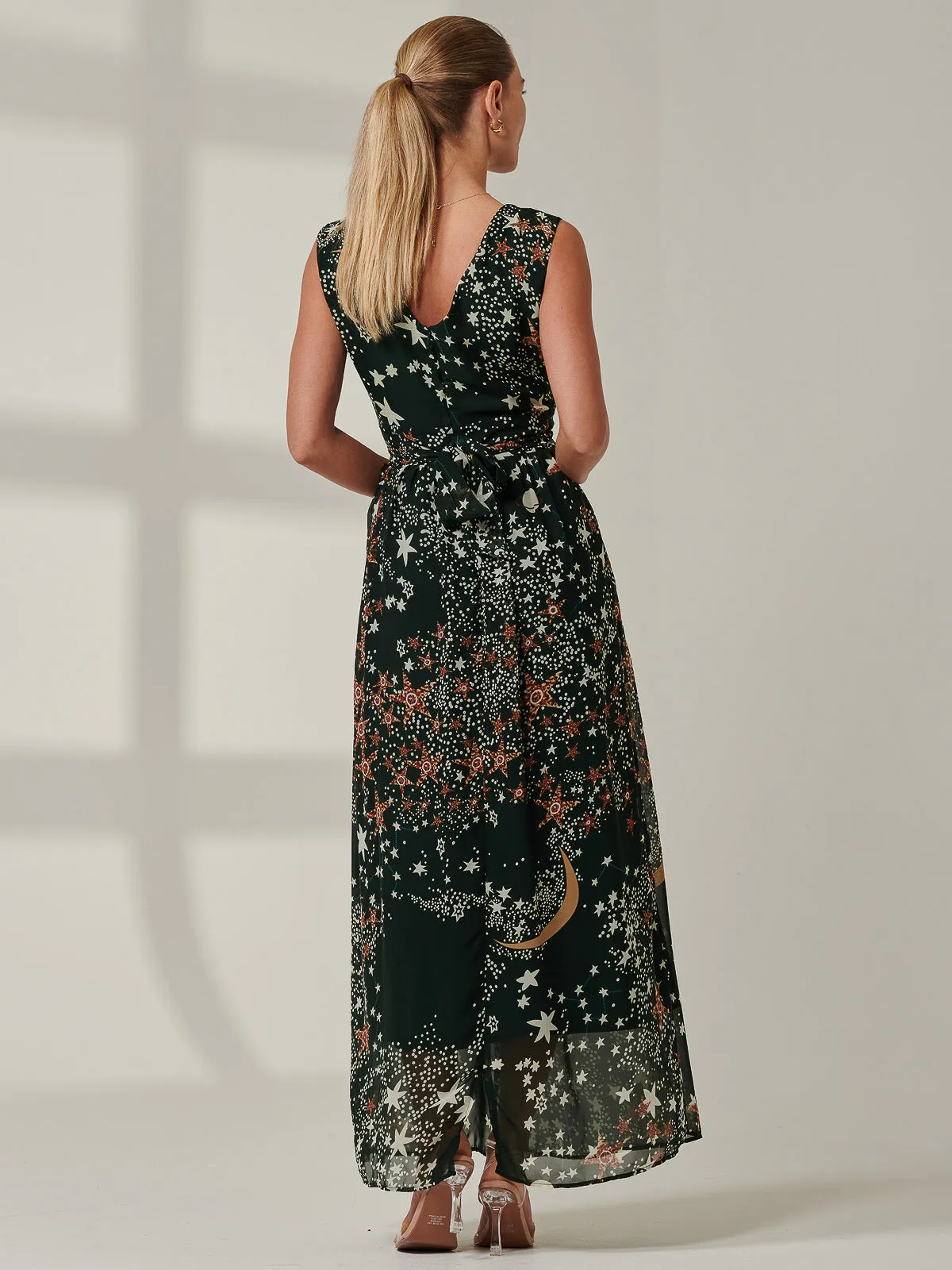 Printed Cross Belt Maxi Dress, Dark Green