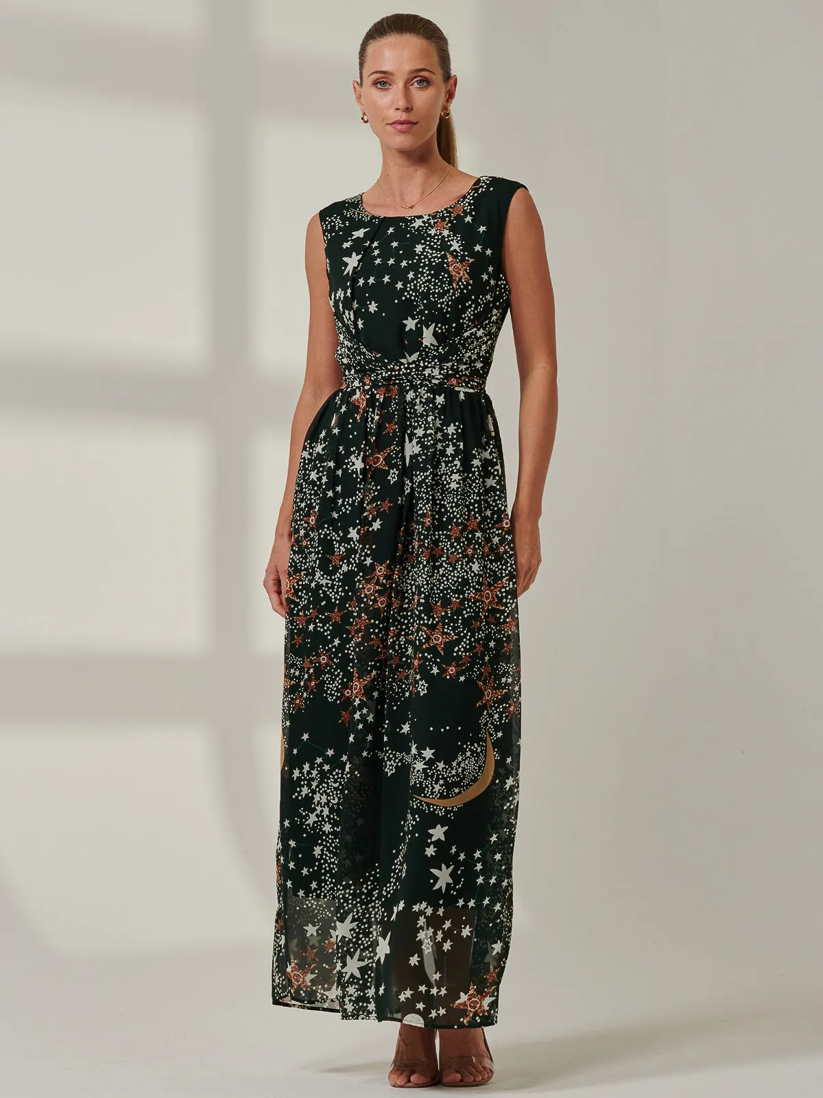 Printed Cross Belt Maxi Dress, Dark Green