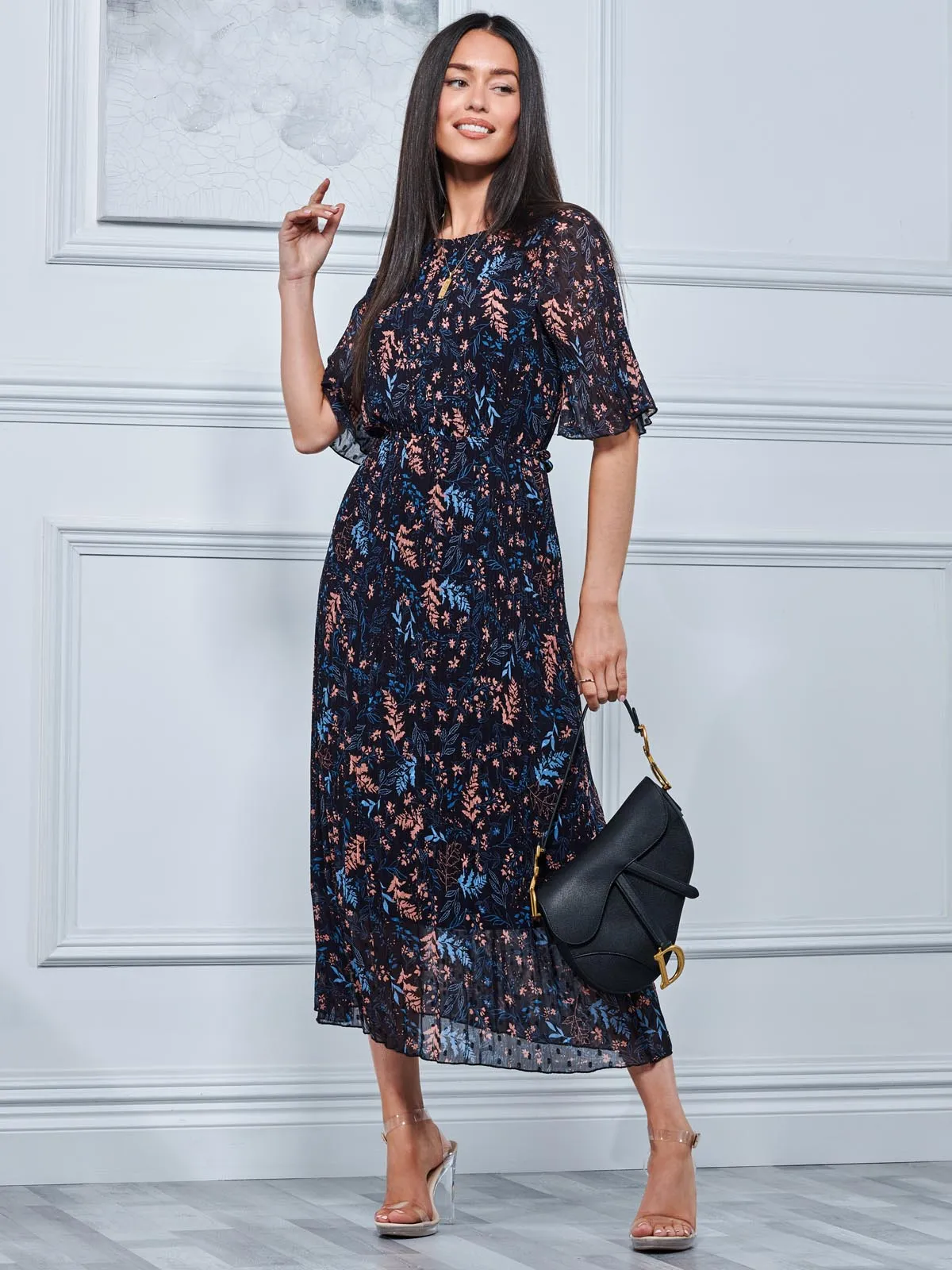 Quida Chiffon Pleated Maxi Dress, Navy Floral