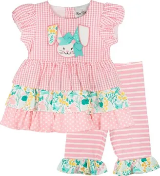 Rare Editions Baby Girls Bunny Face Applique Mixed-Media Fit-And-Flare Dress & Striped Leggings Set