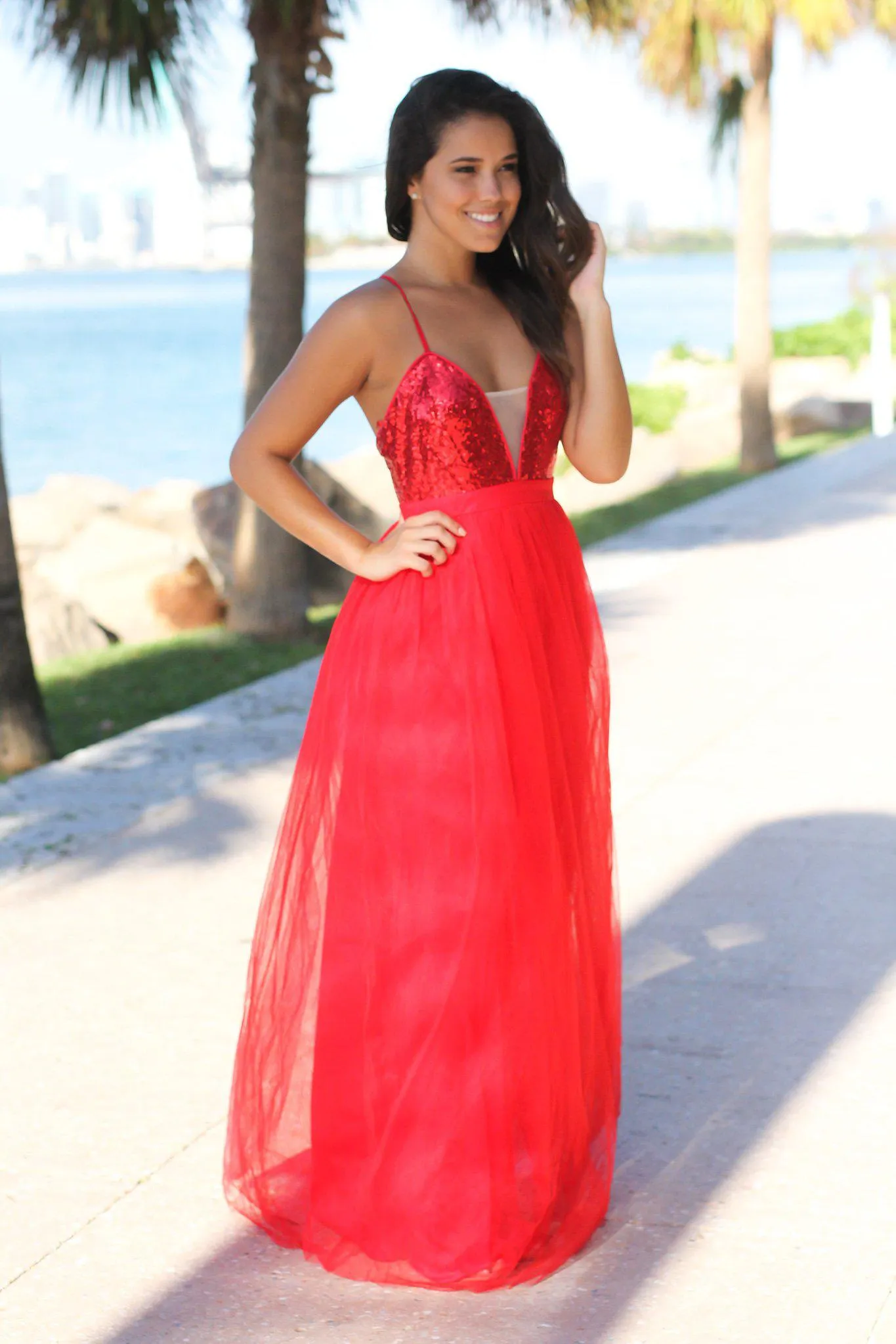 Red Sequin Maxi Dress with Tulle Skirt