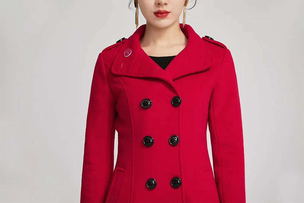 Red winter women wool long coat with pockets 2262