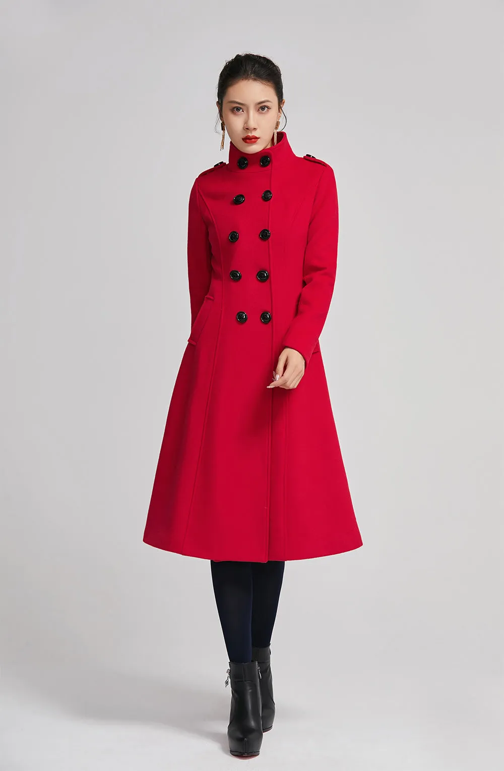 Red winter women wool long coat with pockets 2262