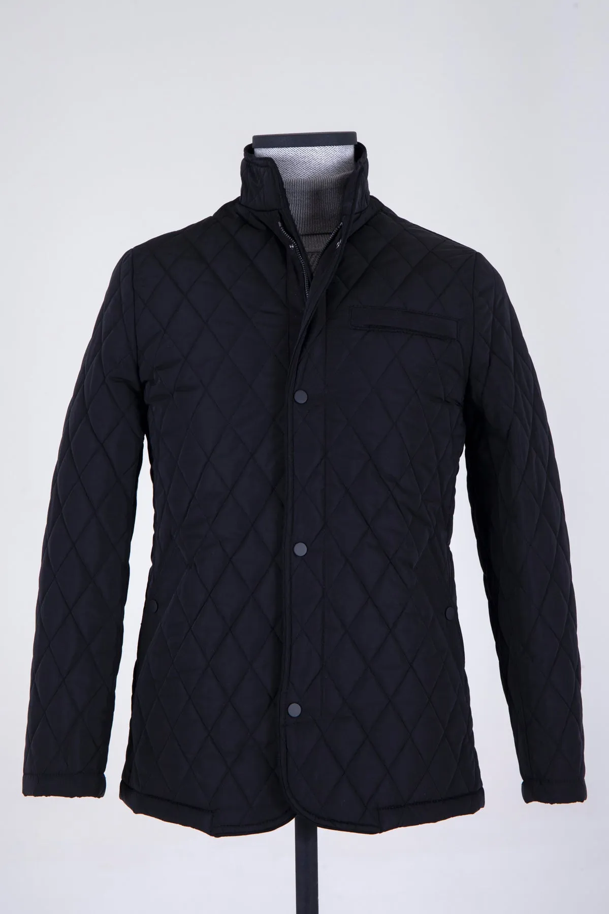 Regular Fit Quilted Stand Collar Black Coat